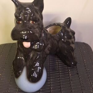 Scottie Dog Playing W/ Ball Porcelain Planter 8.5" long X 9" tall.